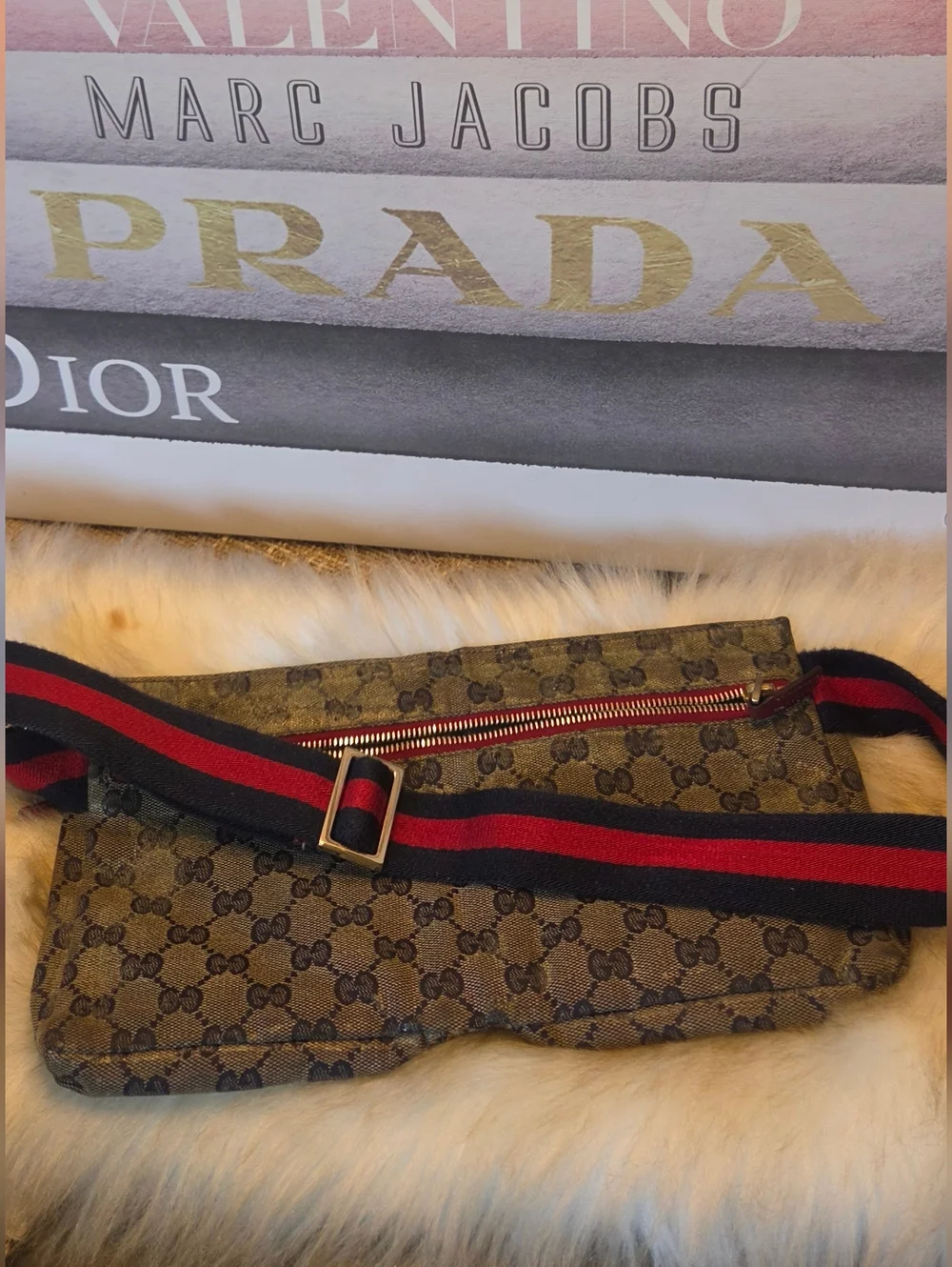 Gucci Brown GG Canvas Belt Bag with Red Leather Trim